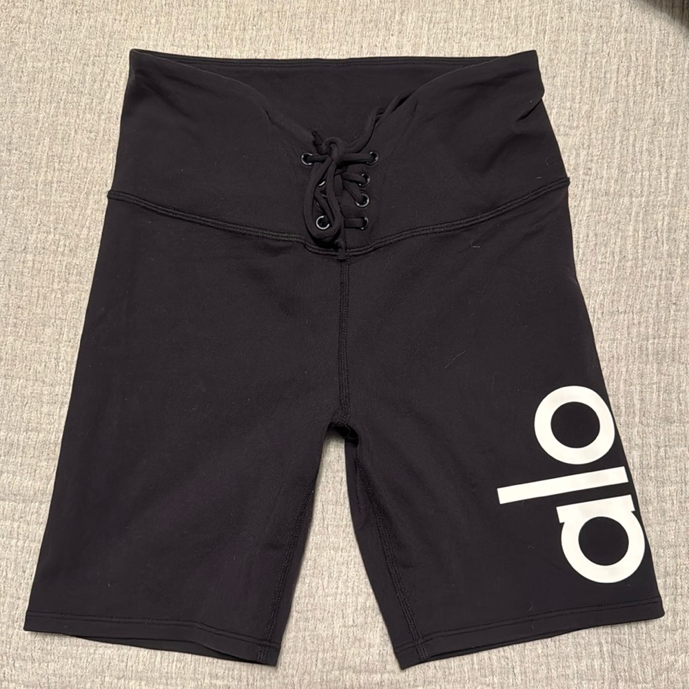 ALO Yoga Black Athletic Lace-Up High Waist Bike Shorts with White Logo